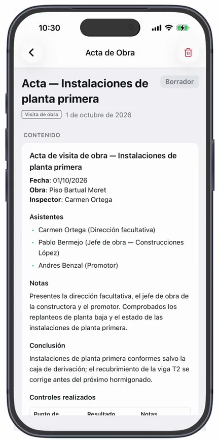 El acta recién generada en «Borrador», con el contenido ya redactado: fecha, obra, inspector, asistentes, notas, conclusión y «Controles realizados»