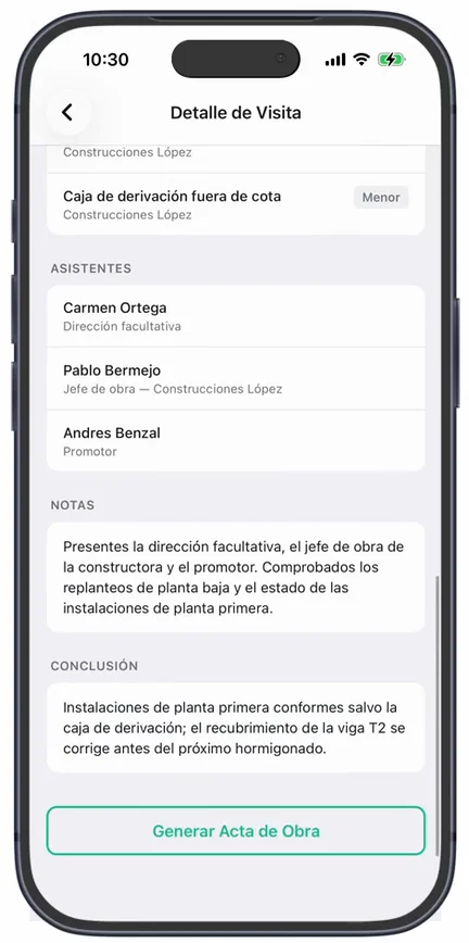 El final de una visita completada: las incidencias, los «Asistentes», las «Notas», la «Conclusión» y el botón «Generar Acta de Obra»