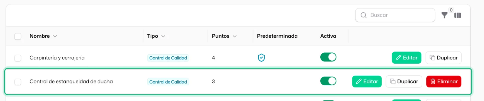 La lista de plantillas con la nueva, «Control de estanqueidad de ducha», señalada: tipo «Control de Calidad», 3 puntos y activa