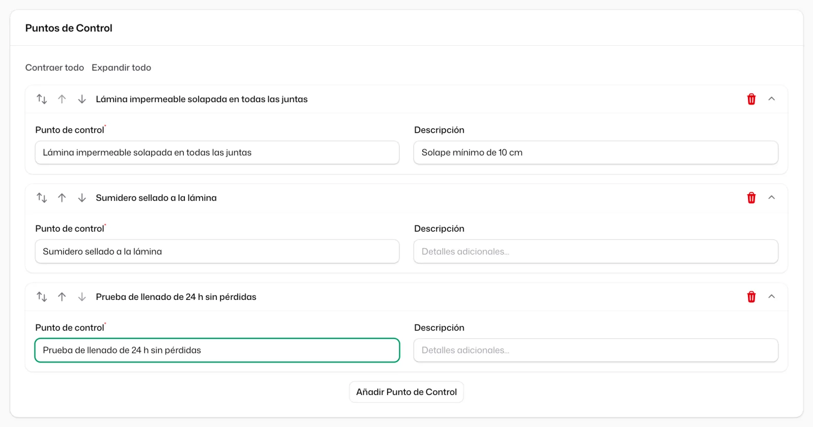 La sección «Puntos de Control» con tres puntos, cada uno con su «Punto de control», su «Descripción» y las flechas para ordenarlo, y el botón «Añadir Punto de Control» debajo