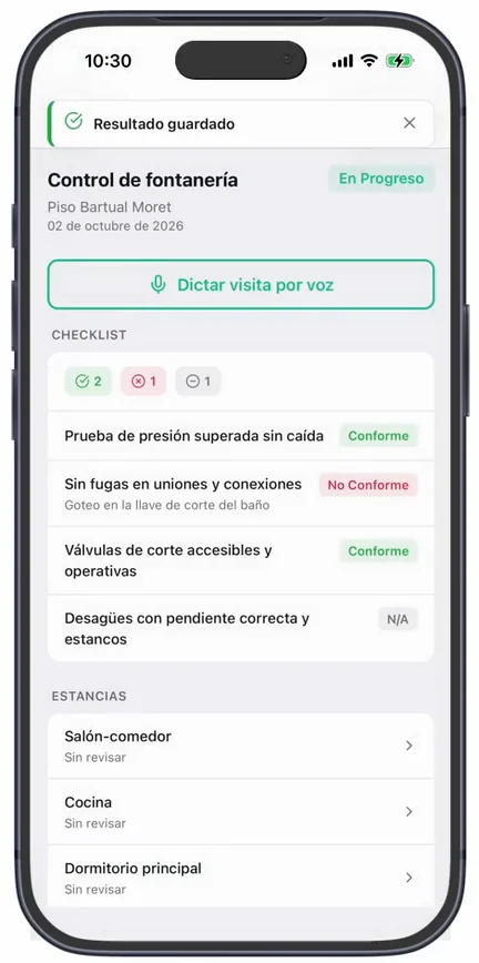 La «Checklist» de la visita con la cuenta arriba y cada punto con su resultado: «Conforme», «No Conforme» con su nota y «N/A»