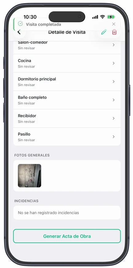 La visita completada, con su foto en «Fotos generales», la sección «Incidencias» y el botón «Generar Acta de Obra»