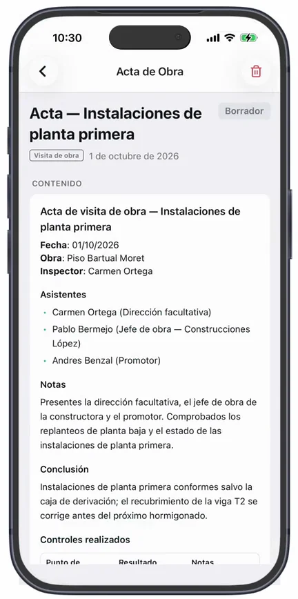 El acta recién generada en «Borrador»: fecha, obra e inspector, los «Asistentes», las «Notas», la «Conclusión» y los «Controles realizados»