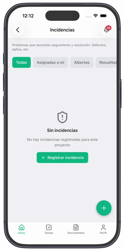La lista «Incidencias» de la obra, vacía, con el botón «Registrar incidencia»