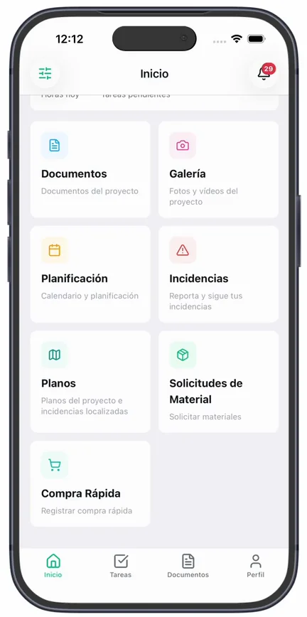 Los accesos de la pantalla de «Inicio», con la tarjeta «Incidencias» junto a «Planificación»