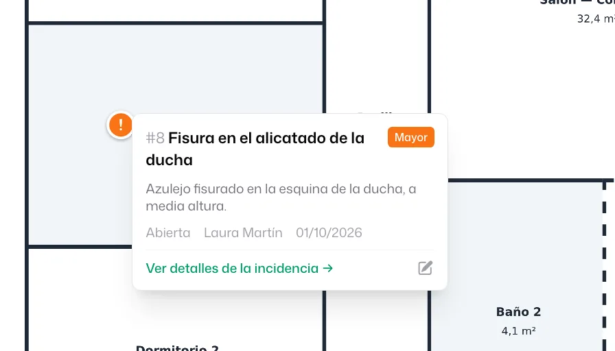 La ficha que se abre al pulsar el pin: número y título de la incidencia, gravedad «Mayor», descripción, estado «Abierta» y el enlace «Ver detalles de la incidencia»