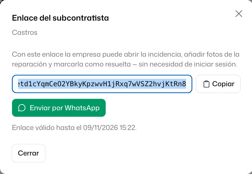 La ventana «Enlace del subcontratista» con el enlace, el botón «Copiar», «Enviar por WhatsApp» y la fecha hasta la que es válido