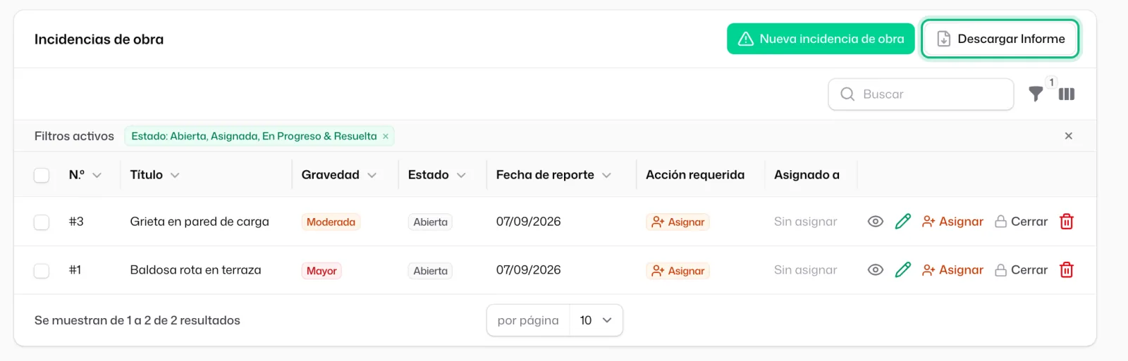 La lista «Incidencias de obra» con el botón «Descargar Informe» señalado, junto a «Nueva incidencia de obra»