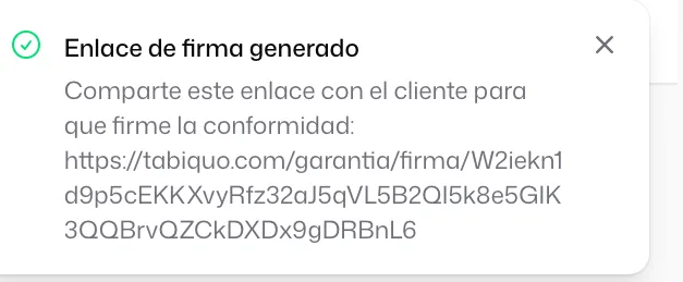 El aviso «Enlace de firma generado», con el enlace que compartes con el cliente para que firme la conformidad