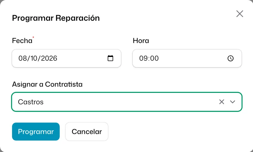 La ventana «Programar Reparación» con la «Fecha», la «Hora» y la empresa elegida en «Asignar a Contratista»