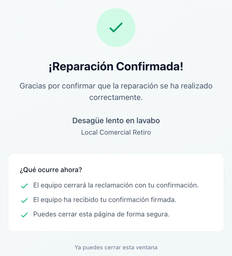 La pantalla «¡Reparación Confirmada!» con el apartado «¿Qué ocurre ahora?»