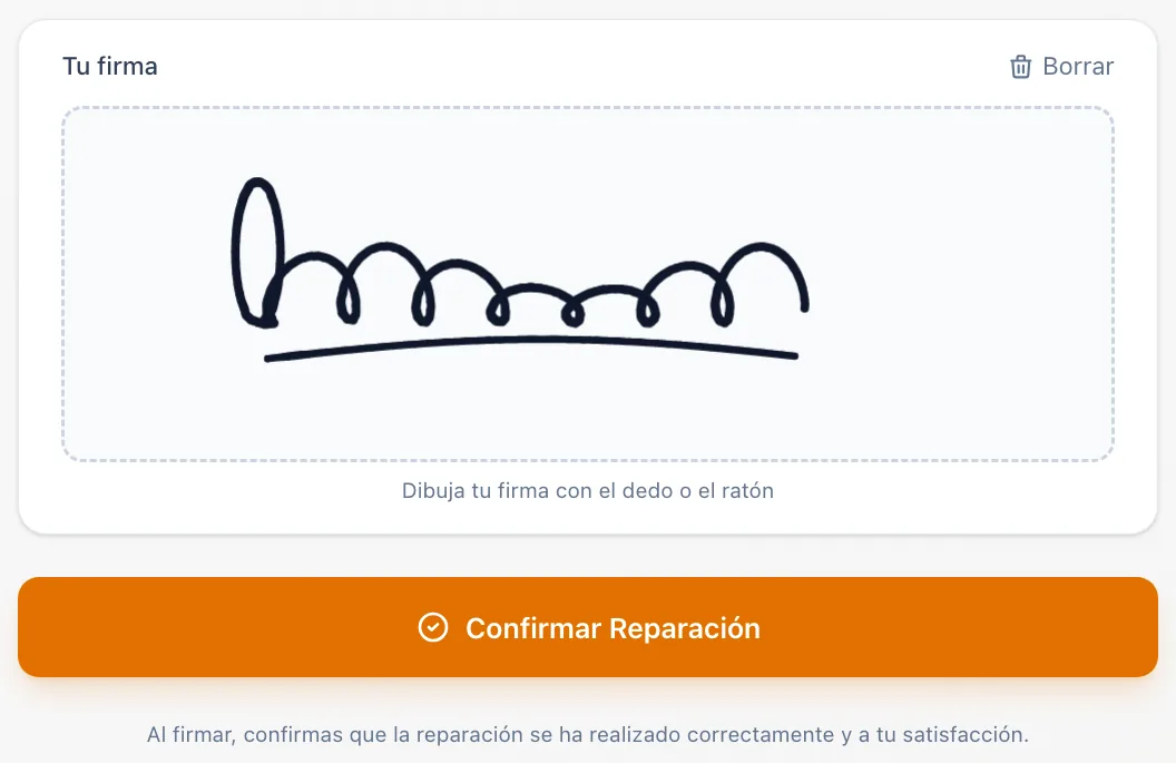 El recuadro «Tu firma» con una firma dibujada, el enlace «Borrar» y el botón «Confirmar Reparación» debajo