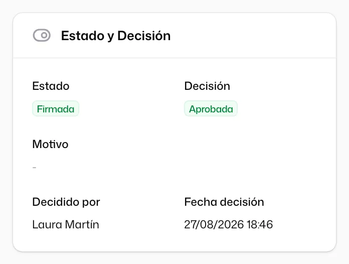 El bloque «Estado y Decisión» del expediente con el «Estado» en «Firmada» y la «Decisión» en «Aprobada»