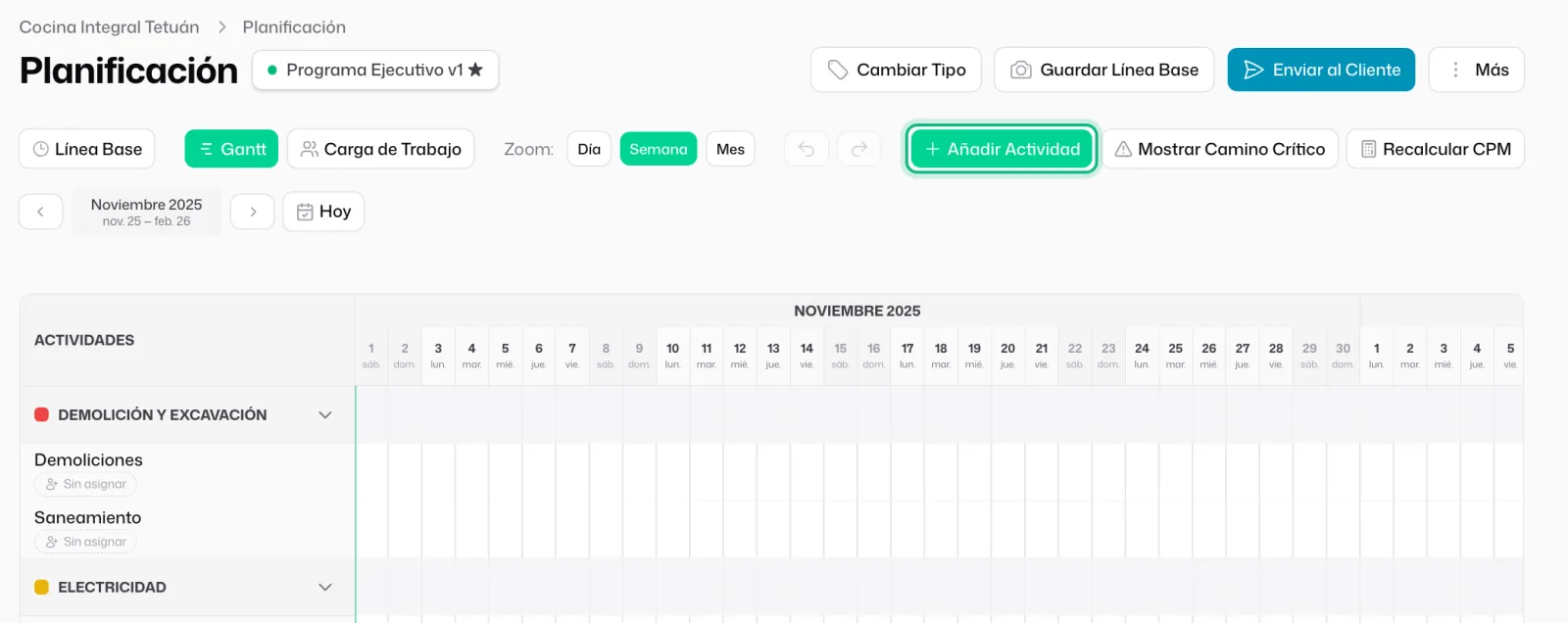 El Gantt recién creado, con el botón «Añadir Actividad» señalado en la barra superior junto al «Zoom» de Día, Semana y Mes