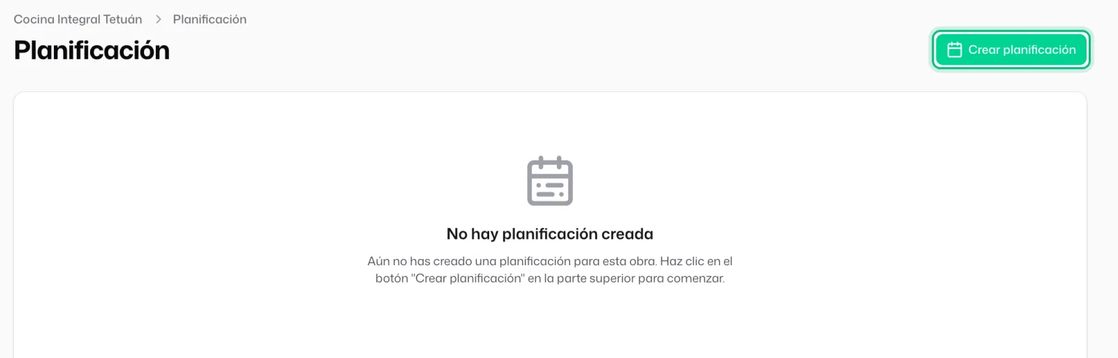La página «Planificación» vacía, con el aviso «No hay planificación creada» y el botón «Crear planificación» señalado arriba a la derecha