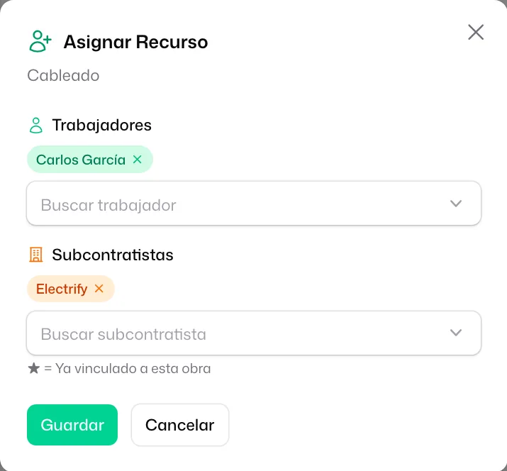 La ventana «Asignar Recurso» de «Cableado», con «Carlos García» en «Trabajadores», «Electrify» en «Subcontratistas» y la leyenda «★ = Ya vinculado a esta obra»