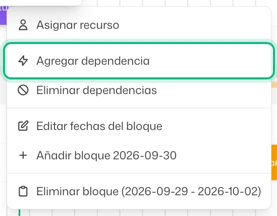 El menú del clic derecho sobre una barra del Gantt, con «Agregar dependencia» señalado entre «Asignar recurso» y «Eliminar dependencias»