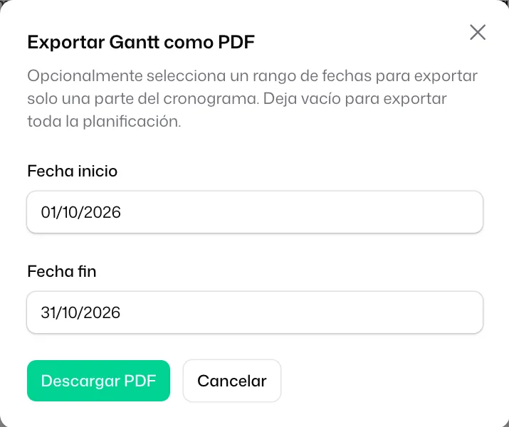 La ventana «Exportar Gantt como PDF» con la «Fecha inicio», la «Fecha fin» y el botón «Descargar PDF»