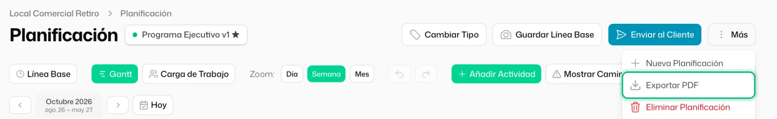El menú «Más» de la planificación abierto, con «Exportar PDF» señalado entre «Nueva Planificación» y «Eliminar Planificación»