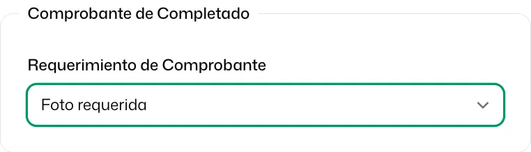 El bloque «Comprobante de Completado» con «Foto requerida» elegido en «Requerimiento de Comprobante»