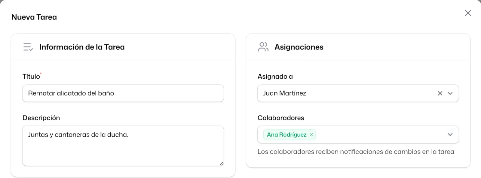 La ventana «Nueva Tarea» con el «Título» y la «Descripción» rellenos y, en «Asignaciones», «Juan Martínez» en «Asignado a» y «Ana Rodríguez» en «Colaboradores»