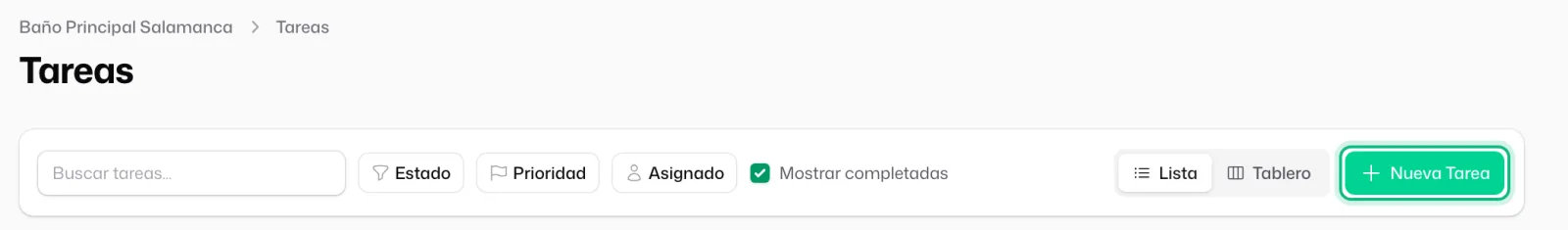 La página «Tareas» de una obra, con el botón «Nueva Tarea» señalado a la derecha de los filtros