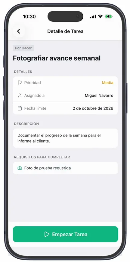La ficha «Detalle de Tarea» con «Requisitos para completar: Foto de prueba requerida» y el botón «Empezar Tarea»
