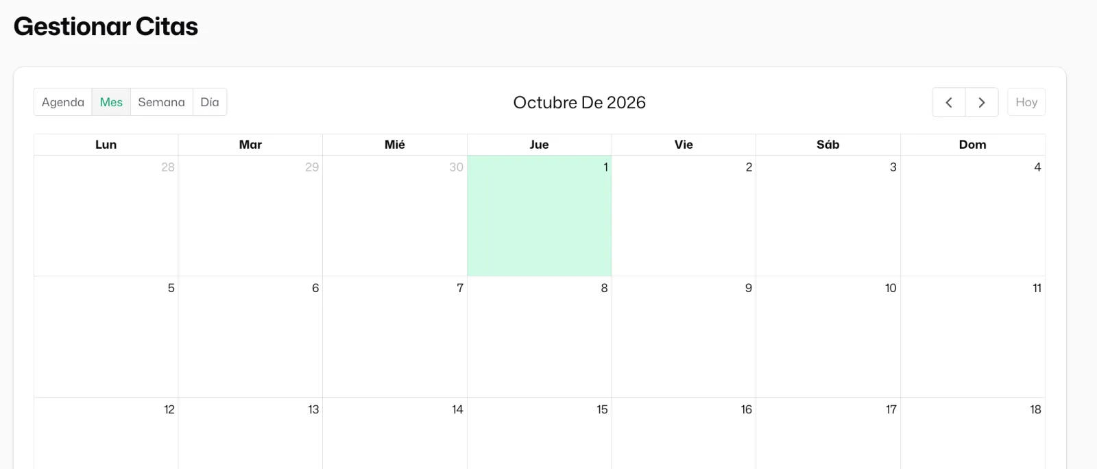 La agenda en vista «Mes», con el día de hoy resaltado y los botones «Agenda», «Mes», «Semana» y «Día» arriba a la izquierda