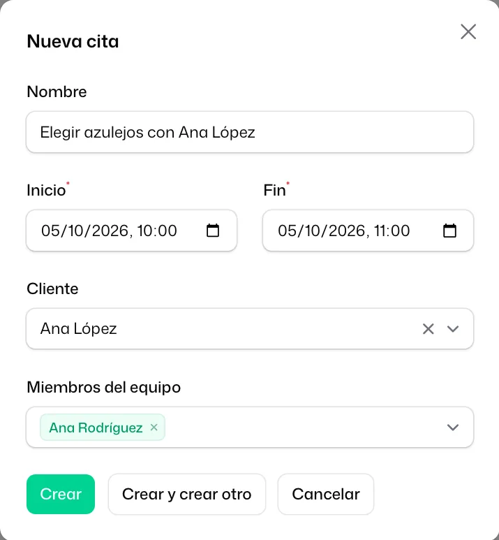 La ventana de la nueva cita con el «Nombre», el «Inicio» y el «Fin» una hora después, «Ana López» en «Cliente» y «Ana Rodríguez» en «Miembros del equipo»