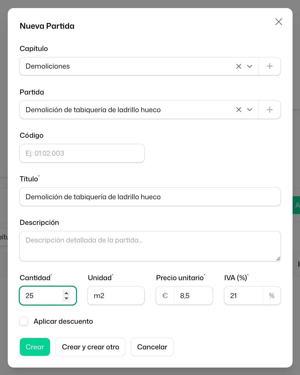 La ventana «Nueva Partida» con el capítulo, la partida elegida del catálogo, la cantidad, la unidad, el precio y el IVA