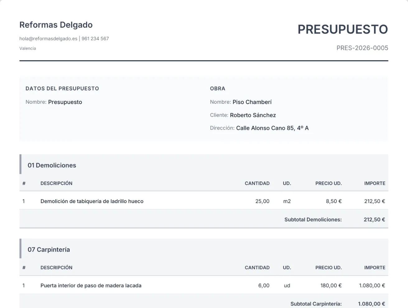El PDF del presupuesto, con los datos de la empresa y de la obra y las partidas por capítulos