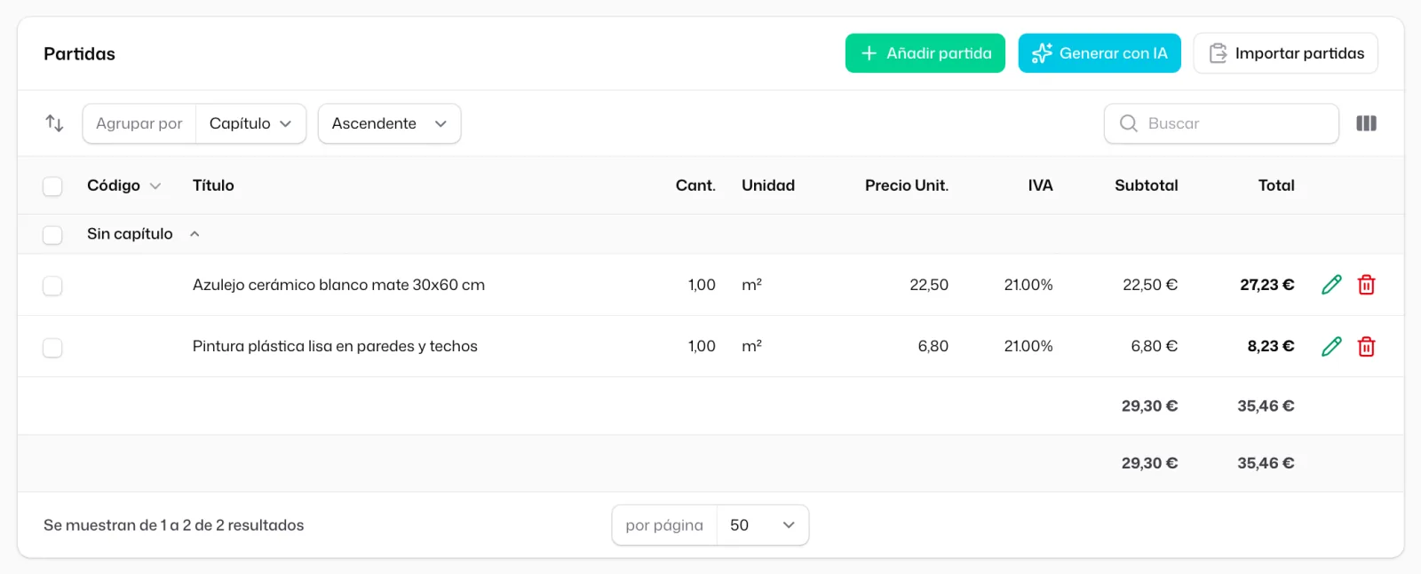 La tabla de partidas con las dos partidas importadas, sus precios, el IVA y el total