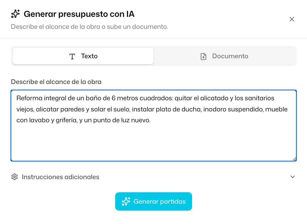 La ventana «Generar presupuesto con IA» en la pestaña «Texto», con la descripción de una reforma de baño, «Instrucciones adicionales» y el botón «Generar partidas»