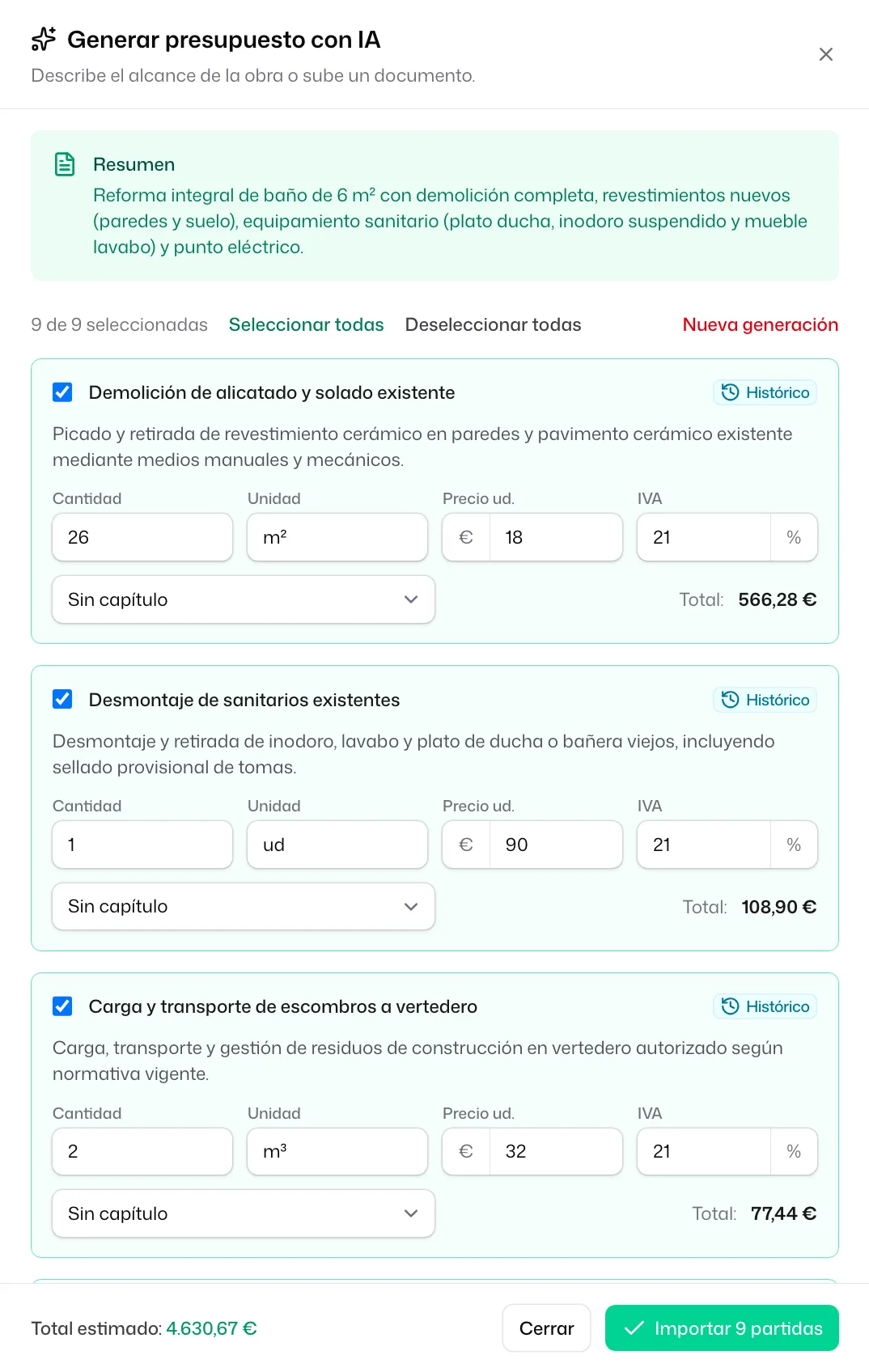 Las partidas propuestas por la IA, cada una con cantidad, unidad, precio, IVA, capítulo y la etiqueta «Histórico», con el «Total estimado» y el botón «Importar 9 partidas»