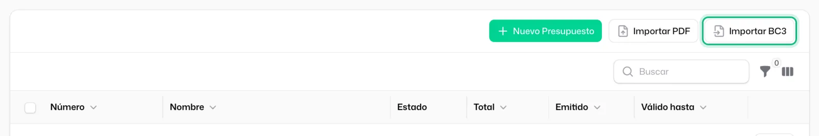 La lista de presupuestos con el botón «Importar BC3» señalado, junto a «Nuevo Presupuesto» e «Importar PDF»
