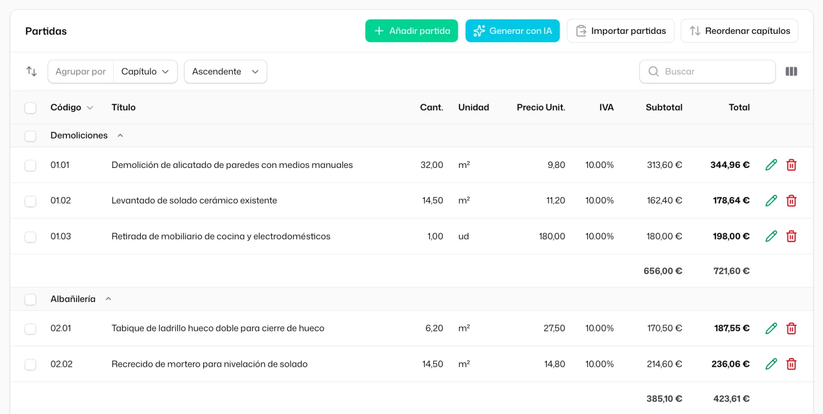El presupuesto importado, con las partidas codificadas 01.01, 01.02… agrupadas en los capítulos «Demoliciones» y «Albañilería» y sus subtotales
