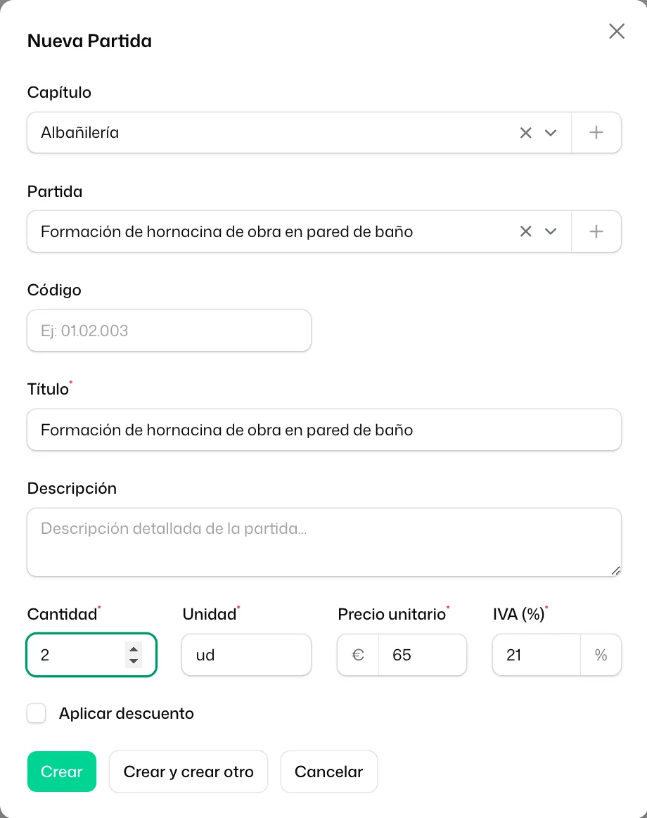 La ventana «Nueva Partida» con una plantilla elegida en «Partida»: capítulo, título, unidad, precio unitario e IVA ya rellenos, y la cantidad puesta a mano