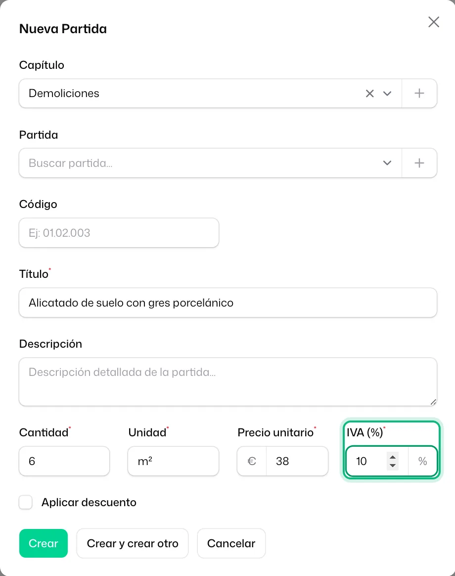 La ventana «Nueva Partida» con «Cantidad», «Unidad», «Precio unitario» y el campo «IVA (%)» puesto al 10