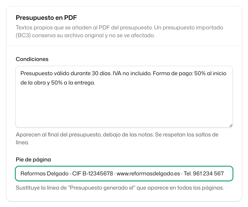 La sección «Presupuesto en PDF» con las «Condiciones» de validez y forma de pago y un «Pie de página» con la razón social, el CIF, la web y el teléfono