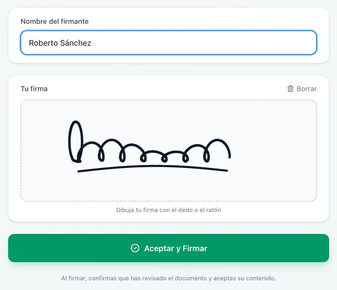 La página del enlace que abre el cliente: «Nombre del firmante», el recuadro «Tu firma» con una firma dibujada y el botón «Aceptar y Firmar»