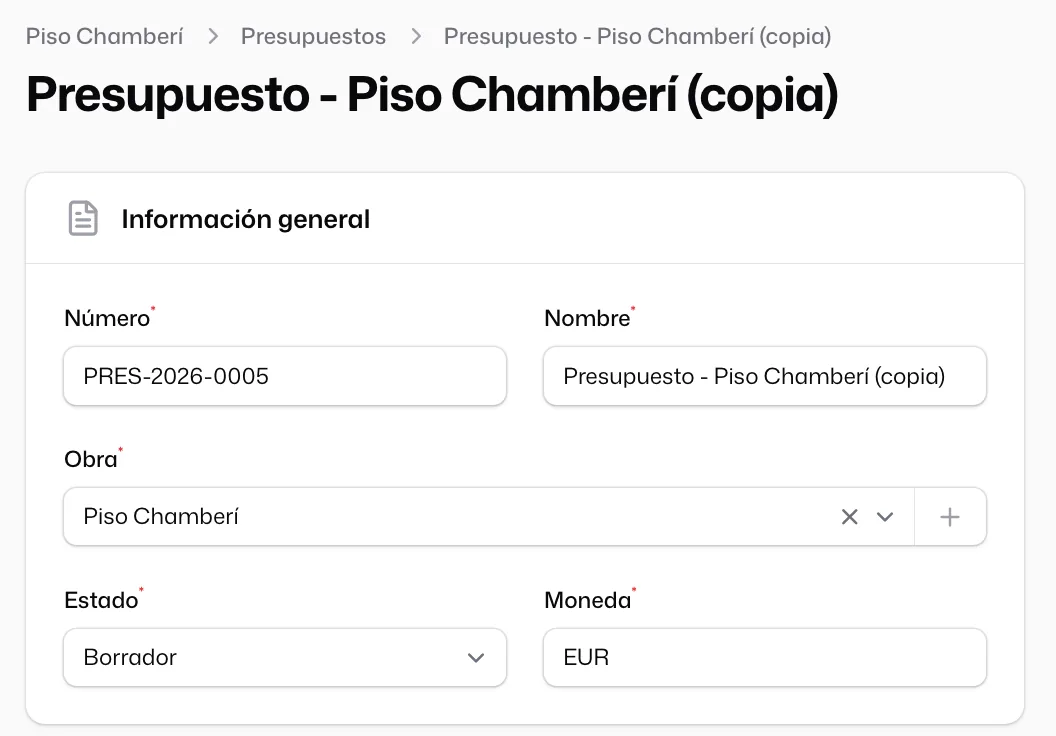 La copia recién creada, «Presupuesto - Piso Chamberí (copia)», abierta para editar con el estado «Borrador»