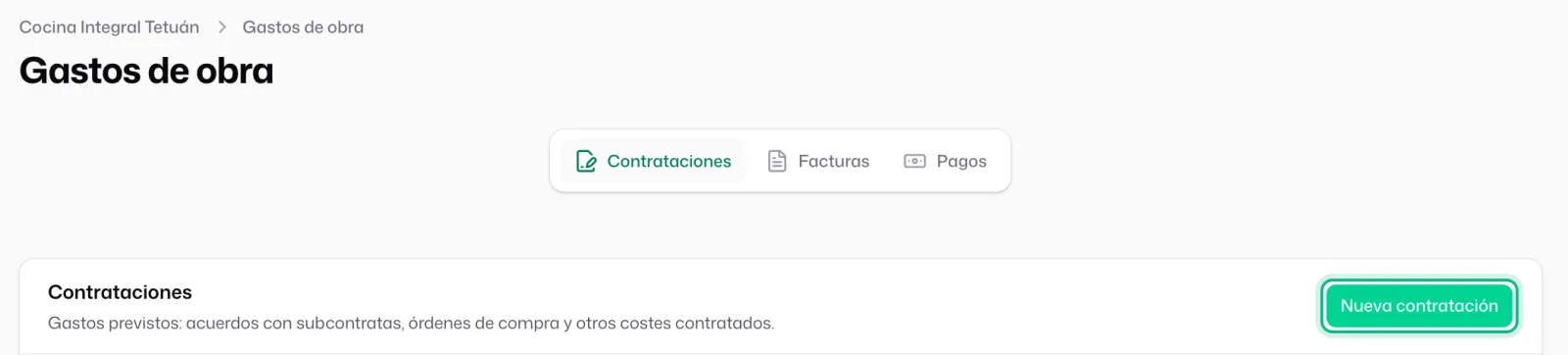 «Gastos de obra» con las pestañas «Contrataciones», «Facturas» y «Pagos», y el botón «Nueva contratación» señalado