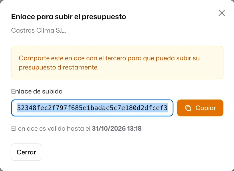 La ventana «Enlace para subir el presupuesto» con el «Enlace de subida», el botón «Copiar» y la fecha hasta la que vale