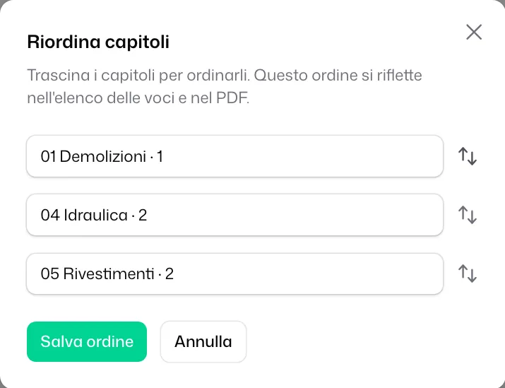 La finestra «Riordina capitoli» con i capitoli nel nuovo ordine e il pulsante «Salva ordine»