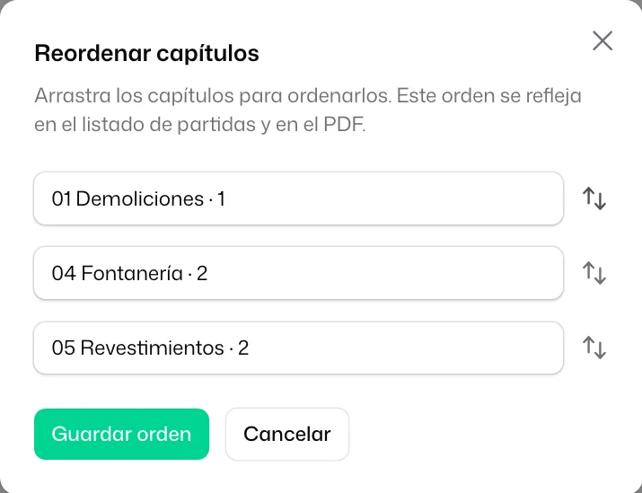 La ventana «Reordenar capítulos» con los capítulos en el orden nuevo y el botón «Guardar orden»