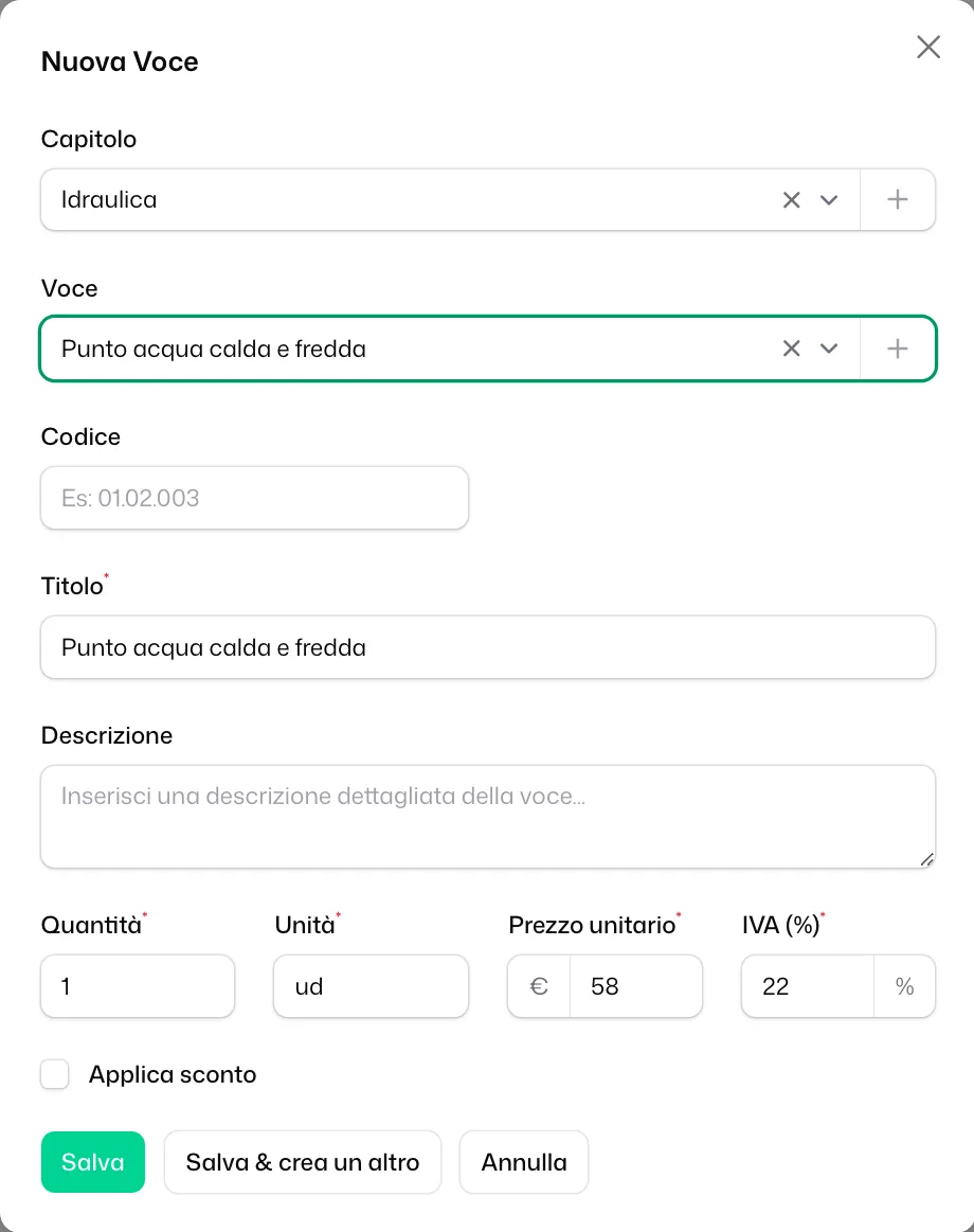 La finestra «Nuova Voce» aperta dal capitolo «Idraulica», con il capitolo già impostato e una voce scelta dal catalogo