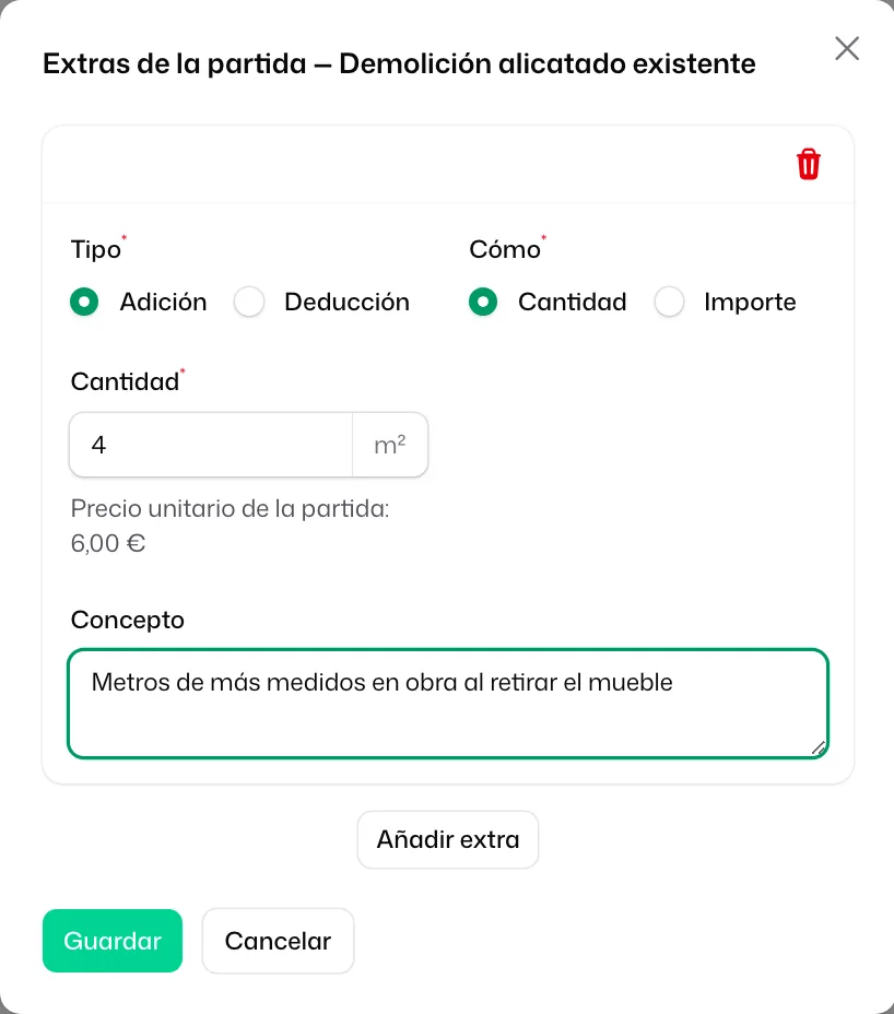 La ventana «Extras de la partida» con una «Adición» de 4 m² por «Cantidad» y su concepto