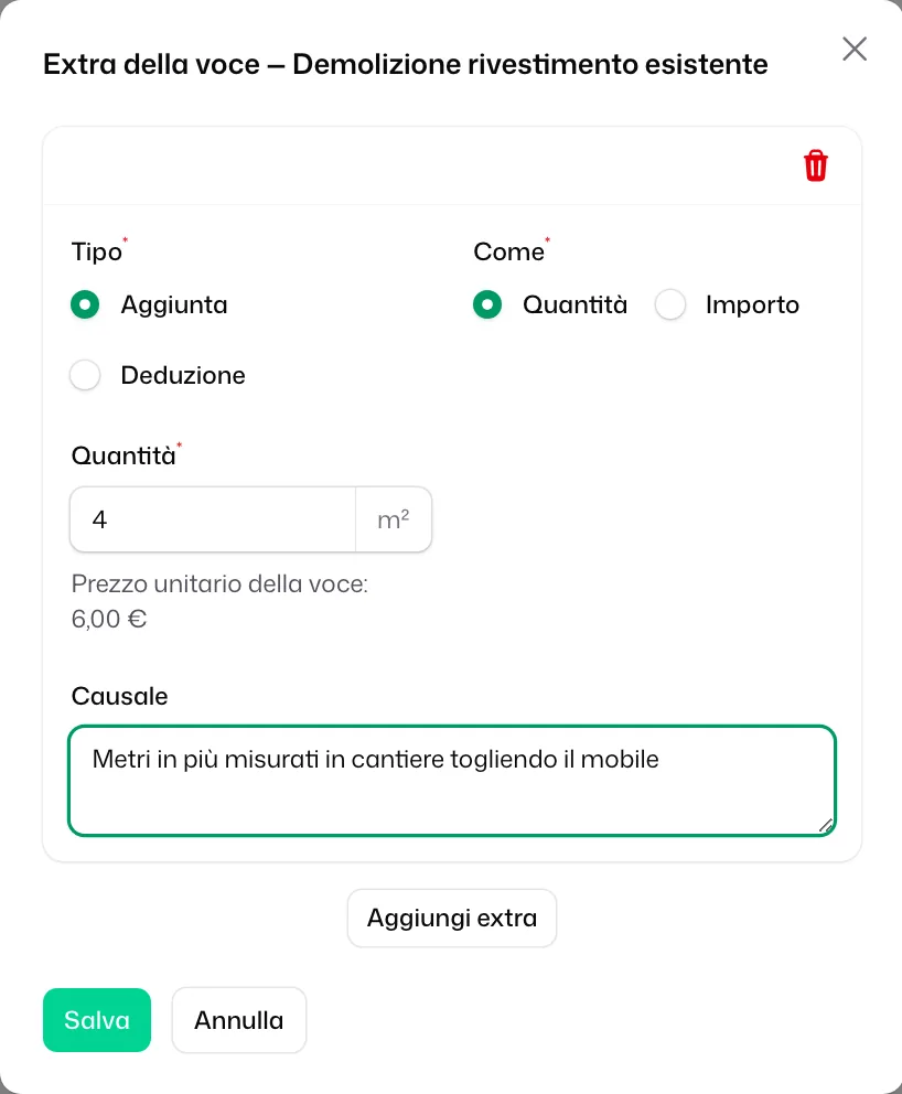La finestra «Extra della voce» con un'«Aggiunta» di 4 m² per «Quantità» e la sua causale