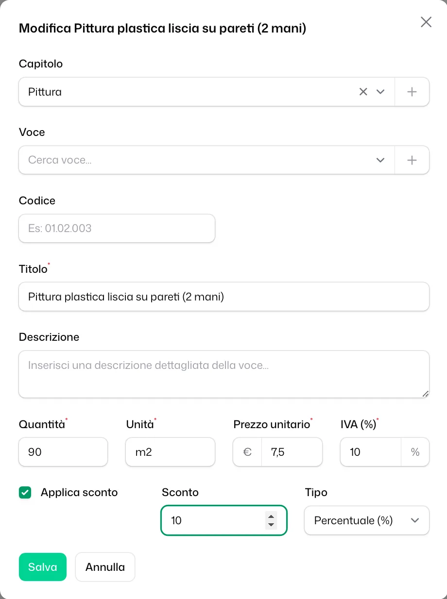 La finestra della voce con «Applica sconto» spuntato, lo «Sconto» a 10 e il «Tipo» su «Percentuale (%)»