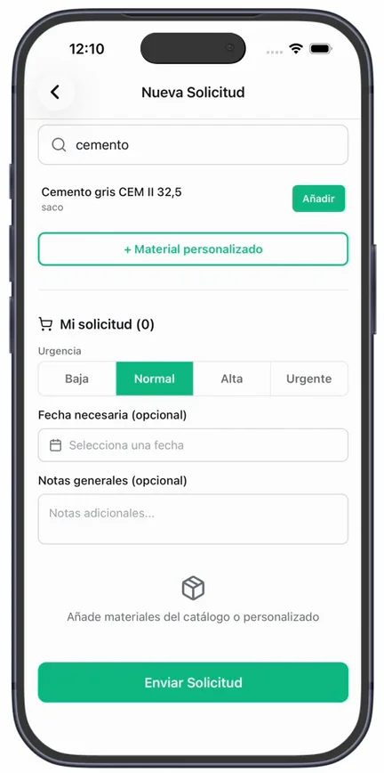 La búsqueda «cemento» con el material encontrado y su botón «Añadir», «+ Material personalizado» y, debajo, «Mi solicitud» con la «Urgencia» y la «Fecha necesaria (opcional)»